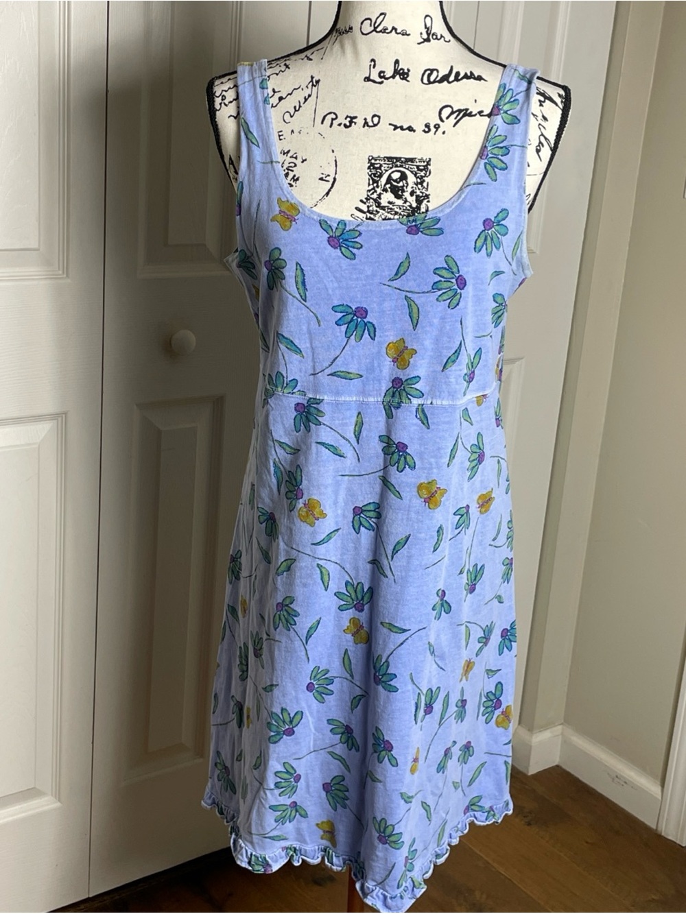 Fresh Produce Size Med Blue Floral & Butterfly Pattern Cotton Dress with Ruffle